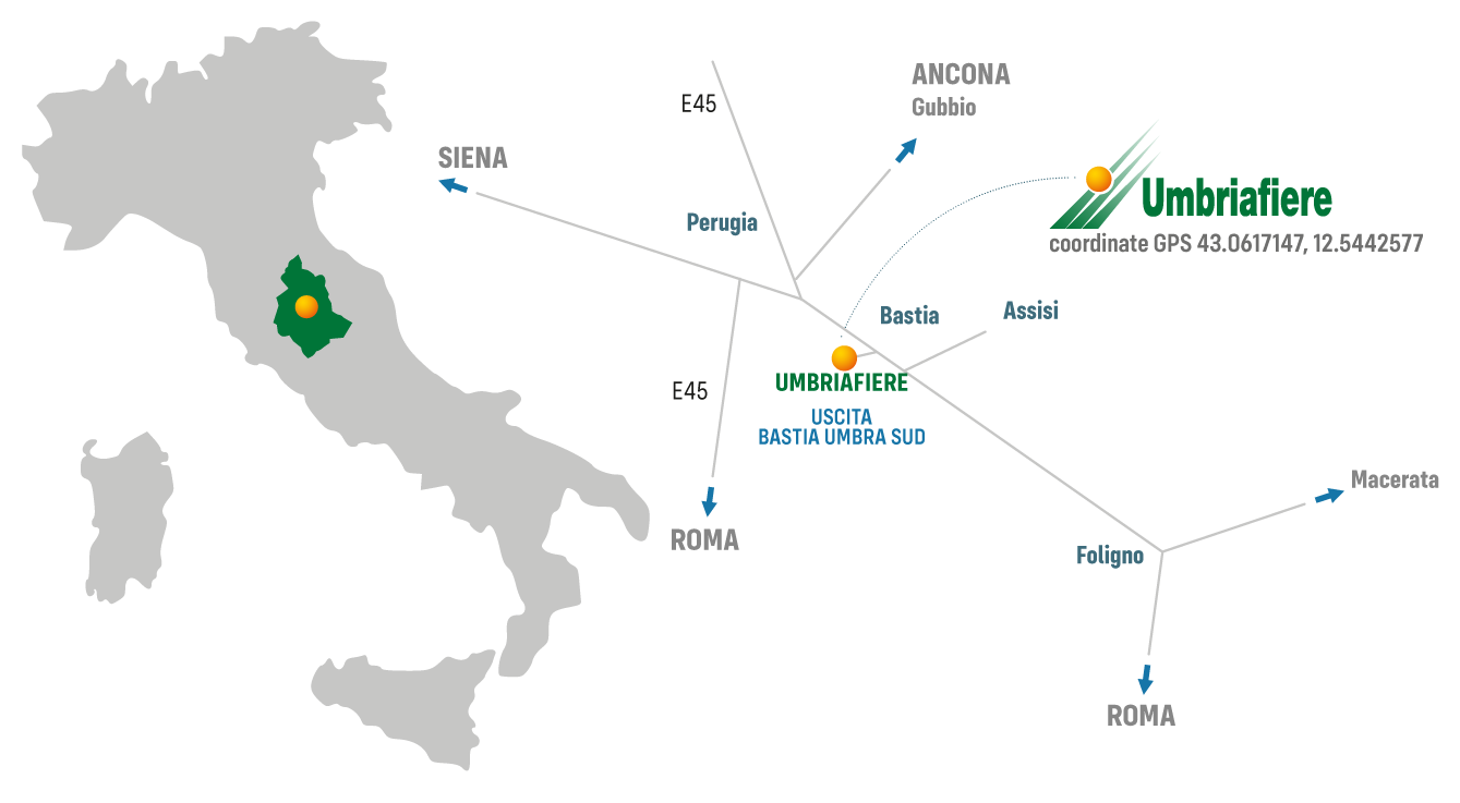 Posizione baricentrica di Umbriafiere: in Umbria, al centro dell'Italia