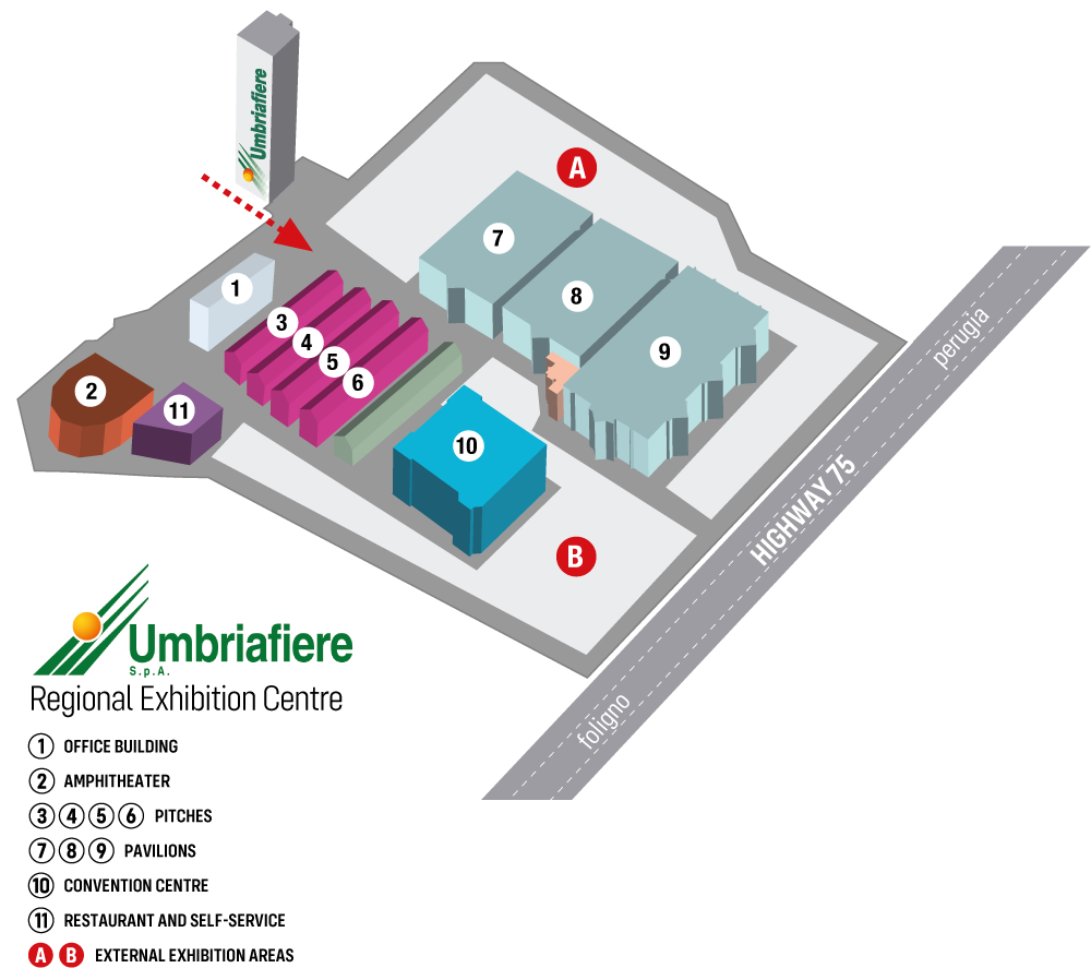 Fair district: pavilions, convention centre, Forecourts. Umbriafiere Bastia Umbra (Perugia) Umbria Italy