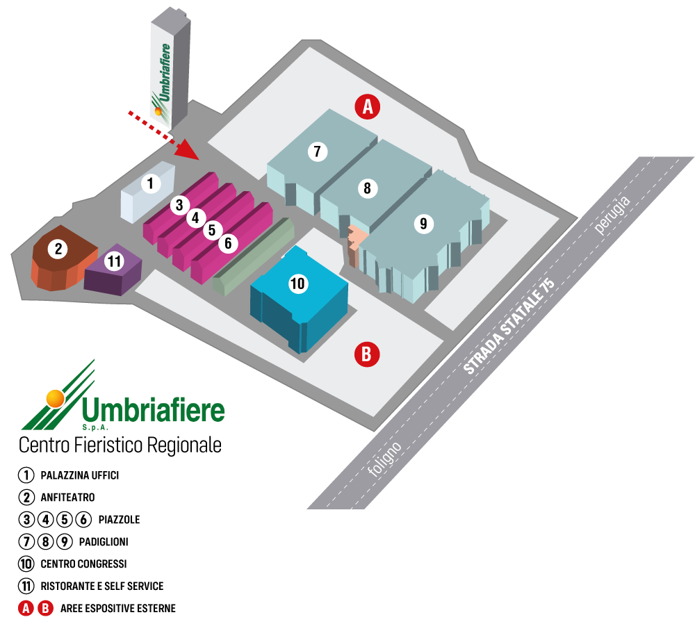 Quartiere fieristico: padiglioni, centro congressi, piazzali. Umbriafiere Bastia Umbra (Perugia) Umbria Italy